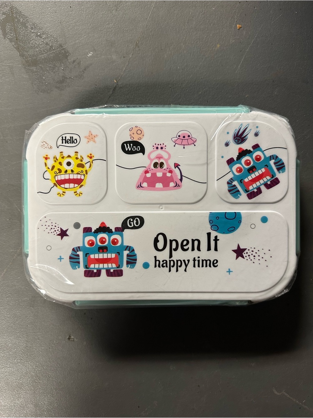 Kids Lunch Box/Bento Box with Playful Monster Design - White & Teal